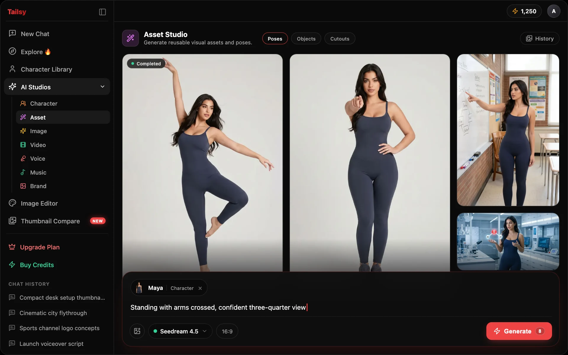 Clean demo mockup of the Tailsy AI Asset Studio interface