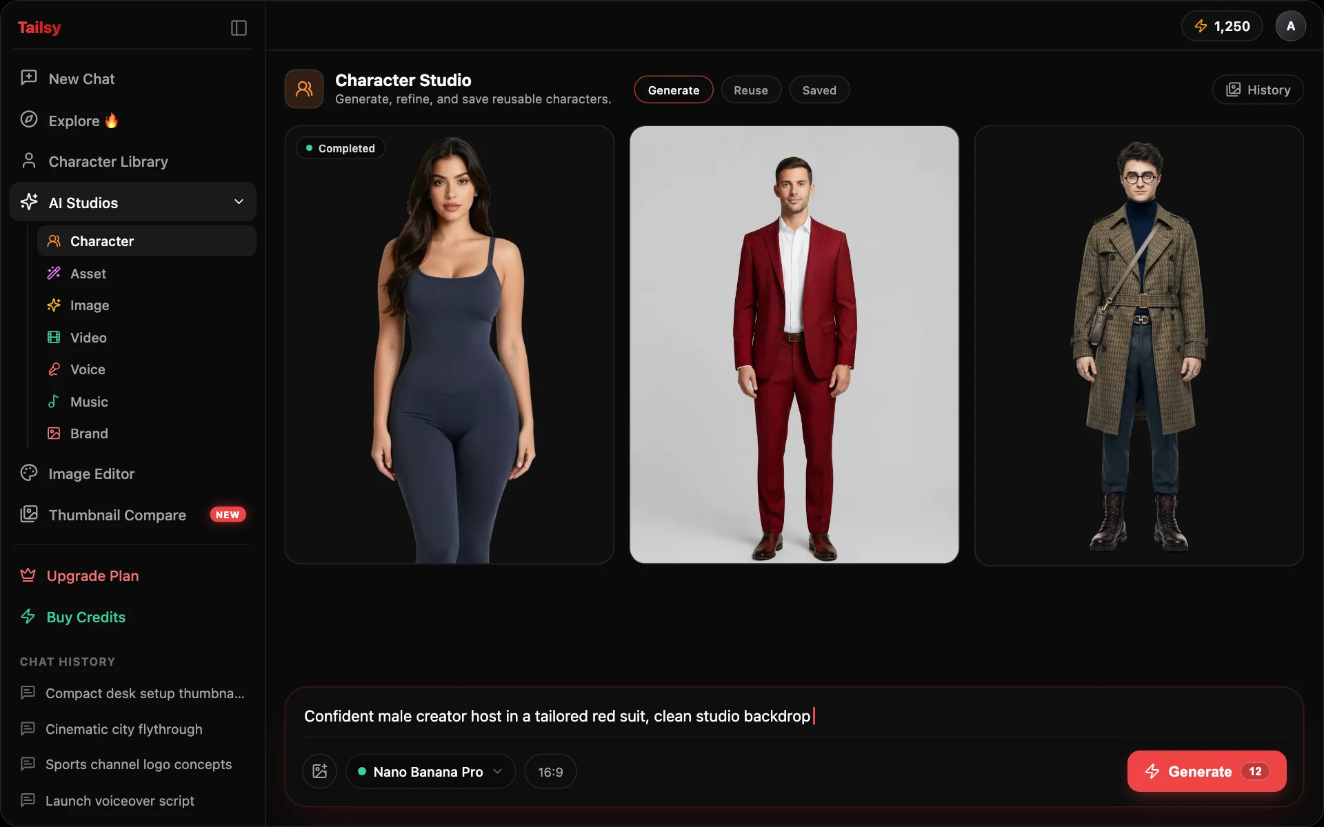 Clean demo mockup of the Tailsy AI Character Studio interface