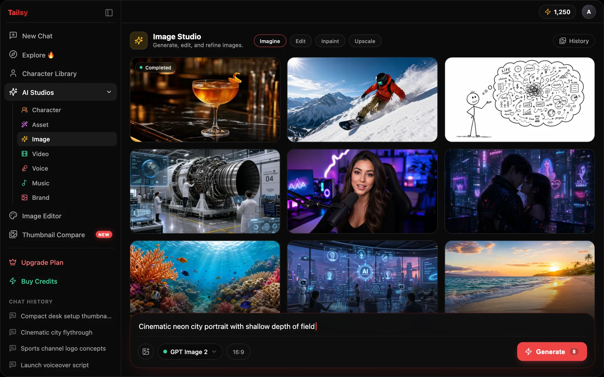 Clean demo mockup of the Tailsy AI Image Studio interface