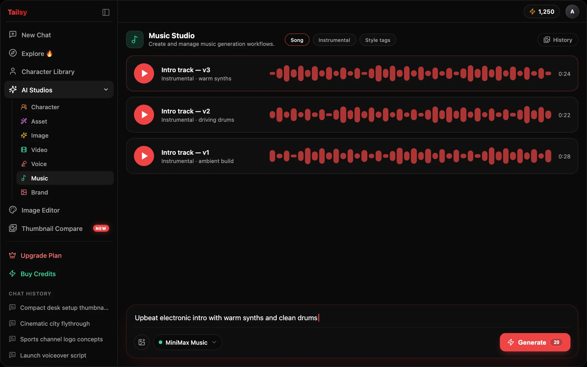 Clean demo mockup of the Tailsy AI Music Generator interface