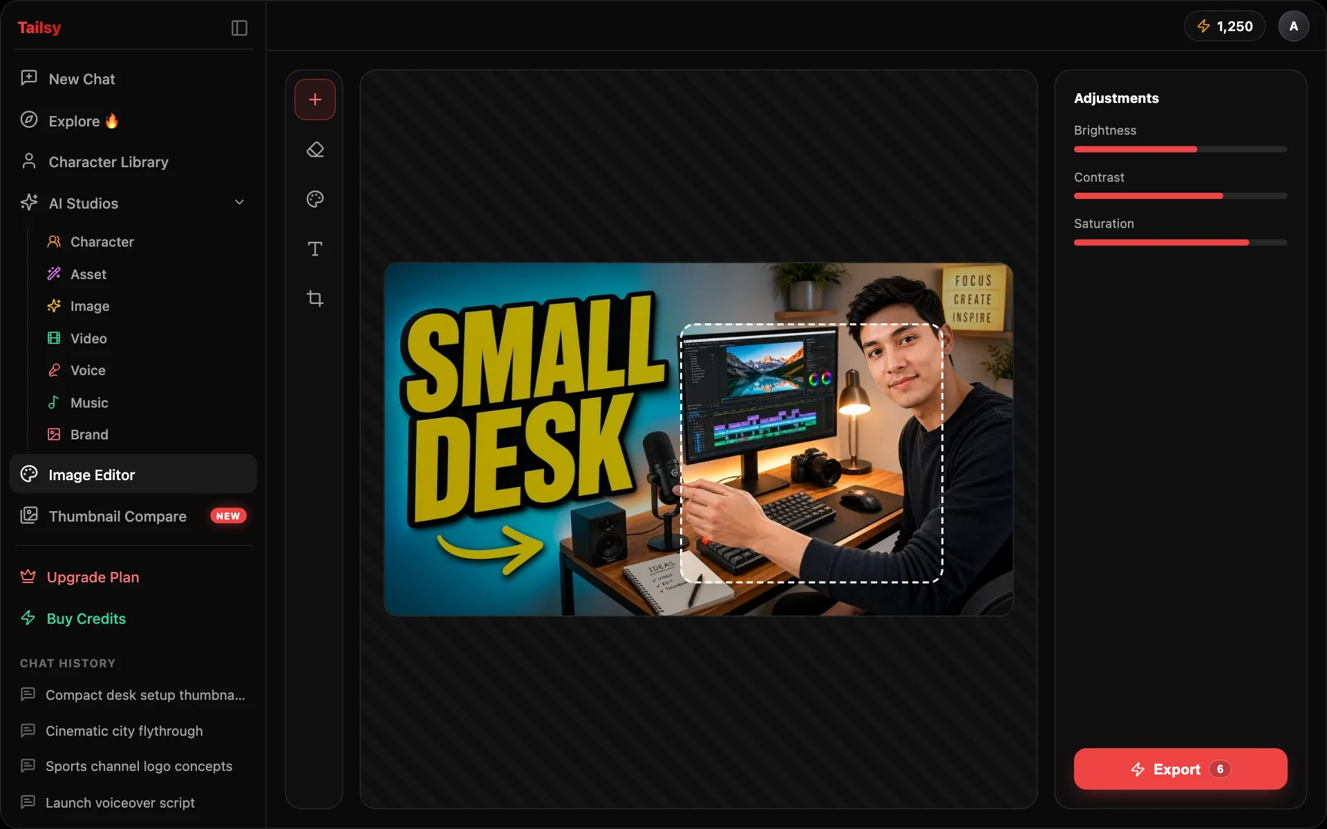 Clean demo mockup of the Tailsy AI Thumbnail Editor interface