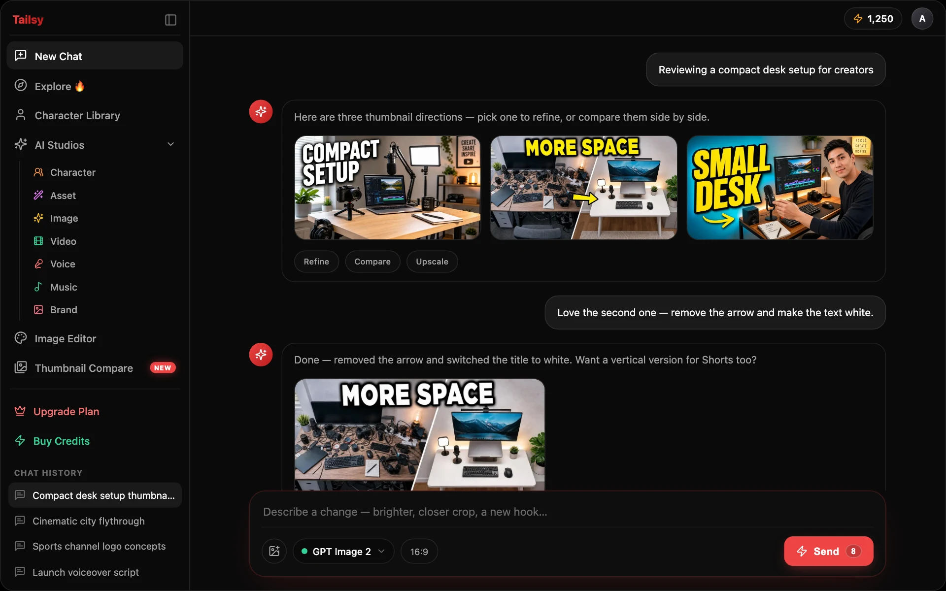 Clean demo mockup of the Tailsy AI Thumbnail Generator interface