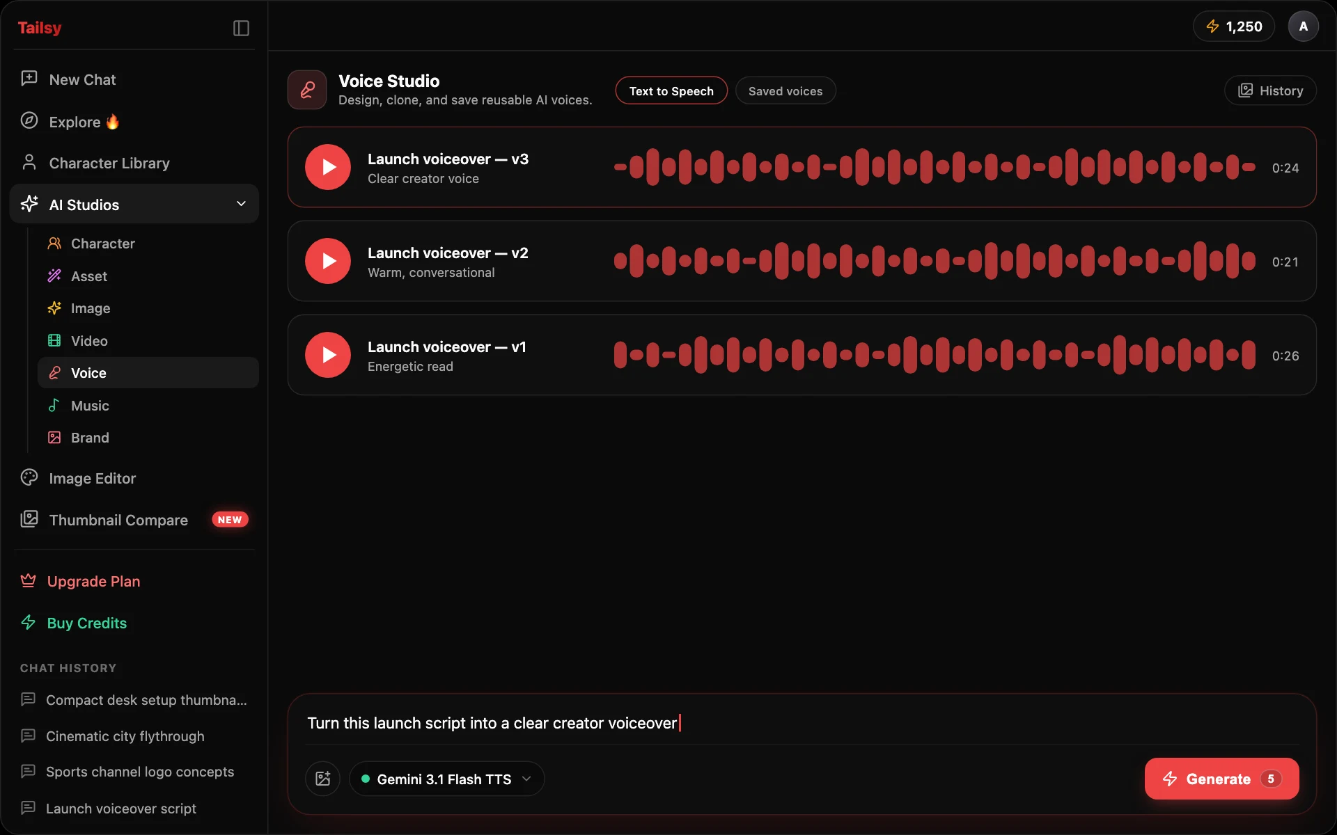 Clean demo mockup of the Tailsy AI Voice Studio interface