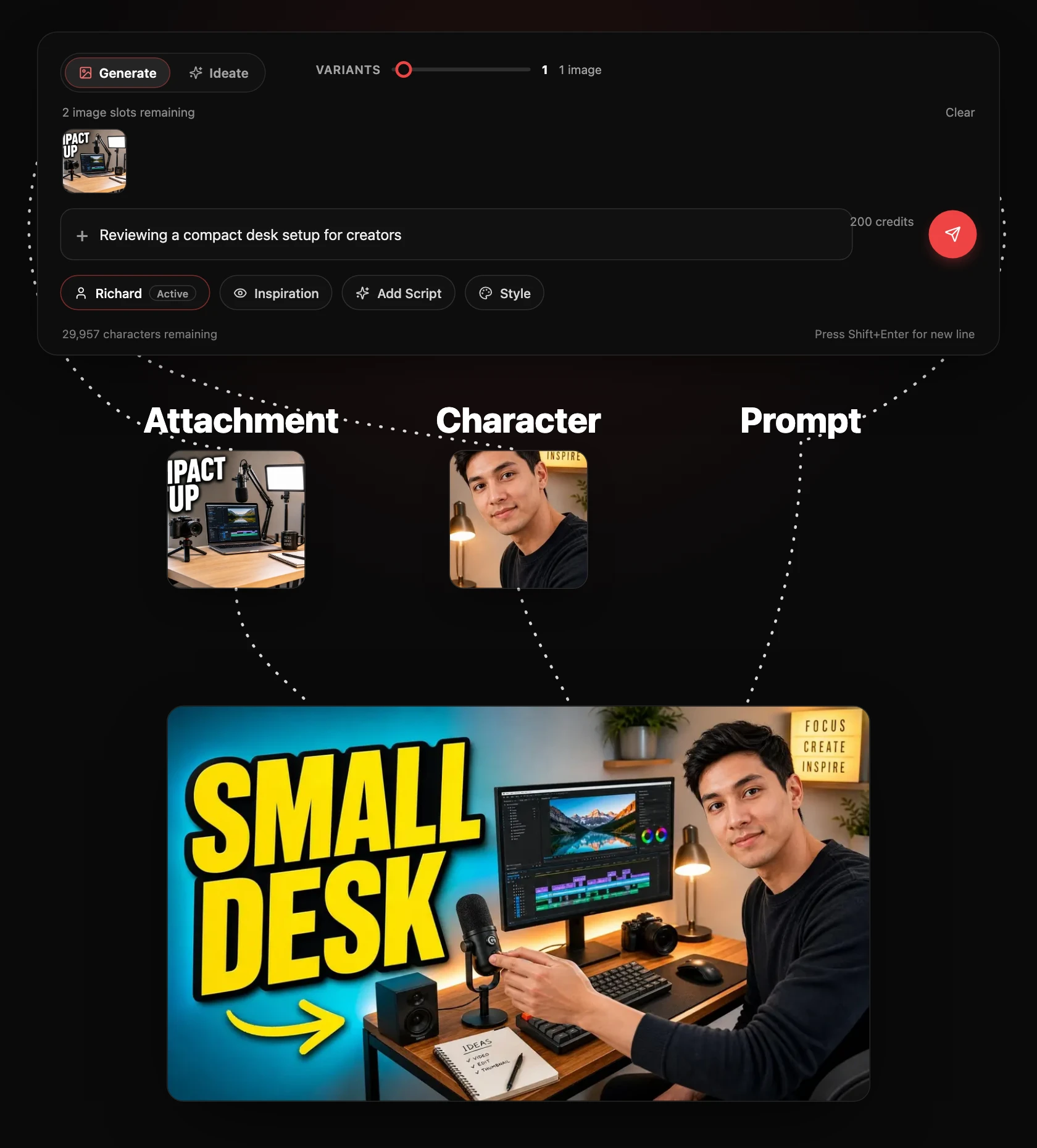 Tailsy thumbnail builder: the chat composer with an attachment, character, and prompt flowing into a finished YouTube thumbnail